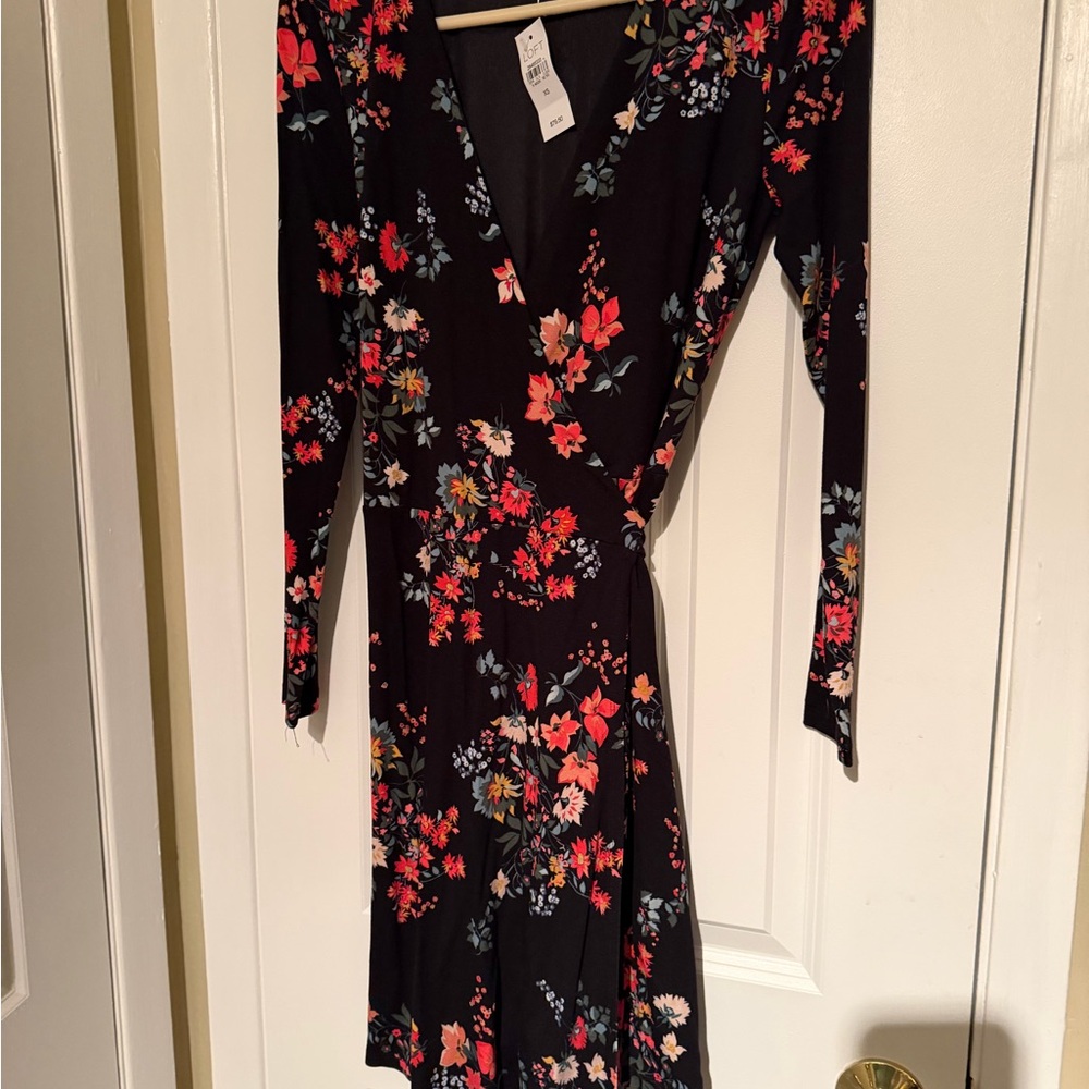 LOFT Black Floral Long-Sleeve Wrap Dress with Red & Pink Flowers